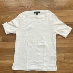 Lauren by Ralph Lauren white boat neck top w/ cuffed sleeves size petite Medium